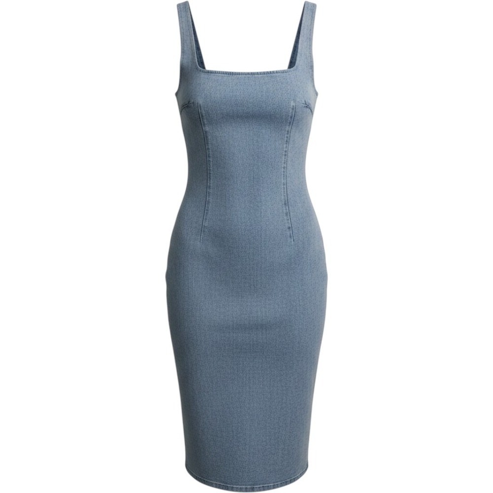 Riley & James Denim Midi Dress Women Size L Blue Sleeveless Square Neck Bodycon